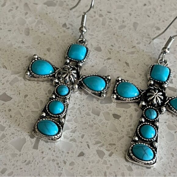 Faux Turquoise Cross Decor Drop Earrings Zinz Alloy - Picture 6 of 11